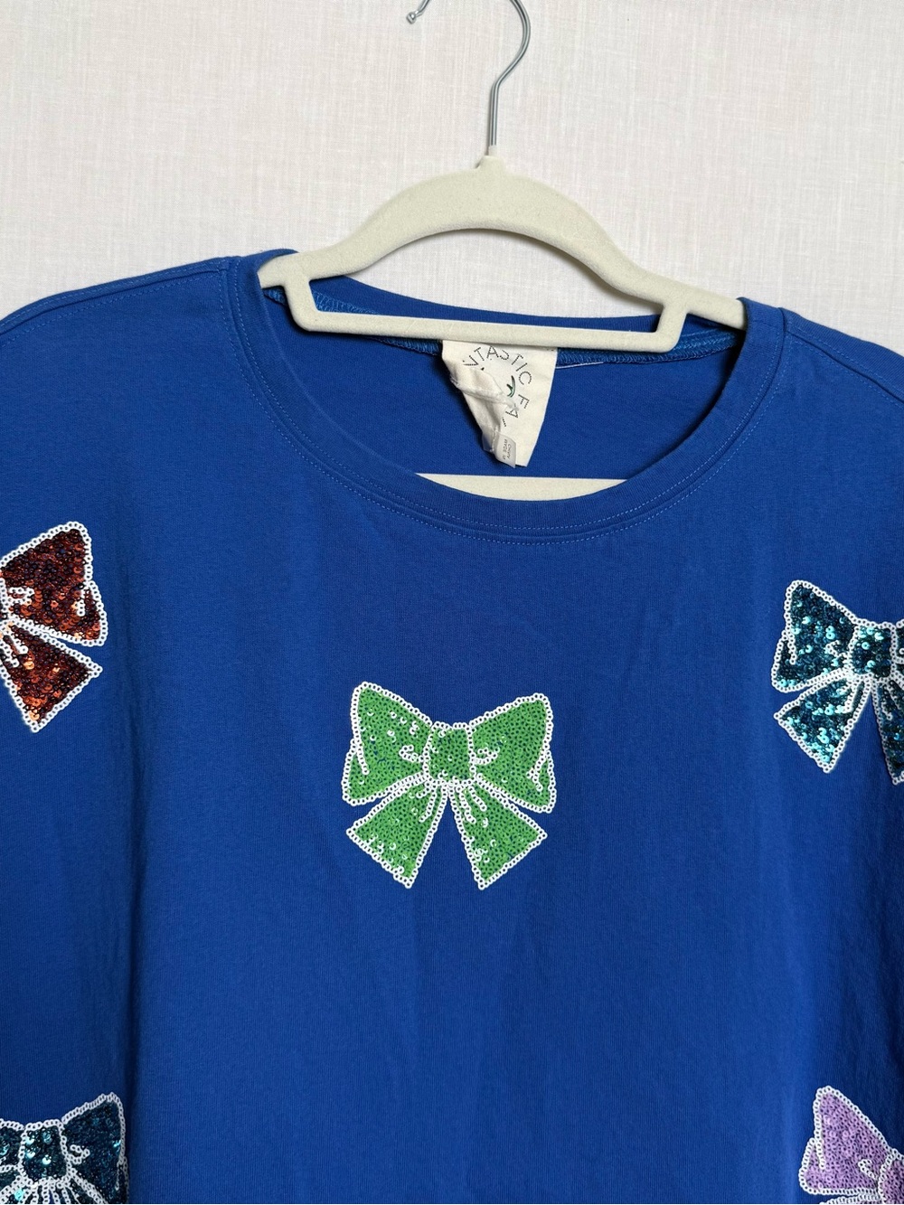 Fantastic Fawn Blue Sequin Bow Oversized Top Medium Coquette Cotton Tee - Picture 2 of 8
